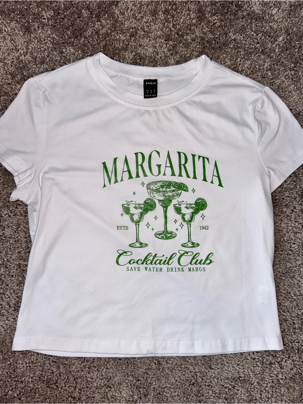 SHEIN Medium White Short-Sleeve Margarita Graphic Baby Tee with Green Print